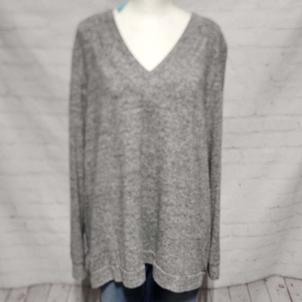 Harlowe & Graham 0X Gray Heather V-Neck Long Sleeve Knit Top Sweater